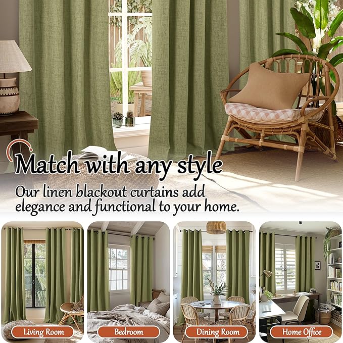Olive Green 100% Linen Blackout Curtains for Living Room 63 Inch Long 2 Panels, Thermal Insulated Noise Reducing Window Total Black Out Curtains for Bedroom, Each 52x63 Inch 2 Panels