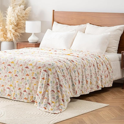 Luxury Printed Fleece Warm Blanket, Soft Lightweight Velvety Plush Throw for Couch and Bed, Cozy Comfy for All Seasons(Cream Various Mushrooms, 90×90 Inches)