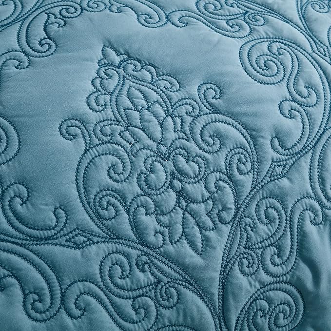 CHIXIN Bedspread Coverlet Set Queen Size - Lightweight Bedding Cover - Beautiful Stitching - 5 Piece Reversible Bedspread - Luxury Damask Paisley Pattern (Queen, Lagoon)