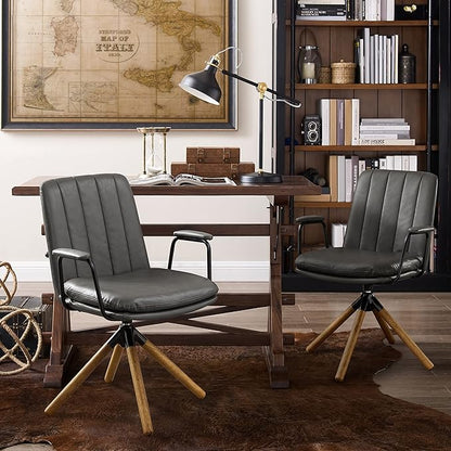 Art Leon Desk Chair No Wheels, Set of 2, Mid Century Modern Swivel Chair with Oak Wood Legs, Faux Leather Home Office Desk Chairs for Bedroom Living Room, Gray