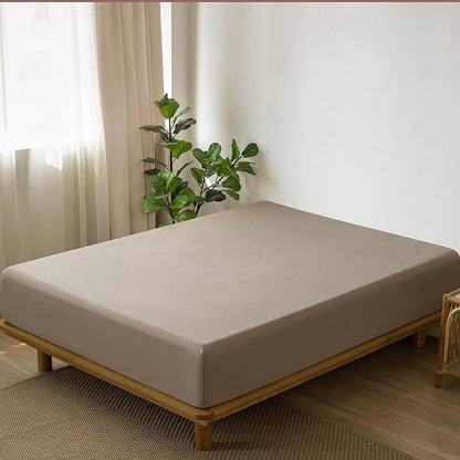 MooMee Fitted Bottom Sheet Only 100% Washed Cotton Linen Like Textured Breathable Durable Soft Comfy Deep Pocket Fits Mattress up to 17" (Mocha Brown, King)