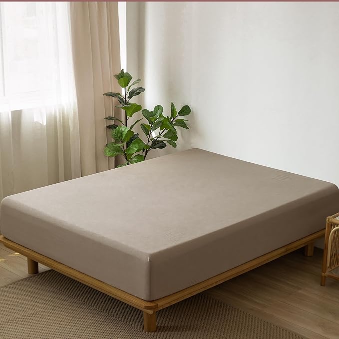 MooMee Fitted Bottom Sheet Only 100% Washed Cotton Linen Like Textured Breathable Durable Soft Comfy Deep Pocket Fits Mattress up to 17" (Mocha Brown, Queen)