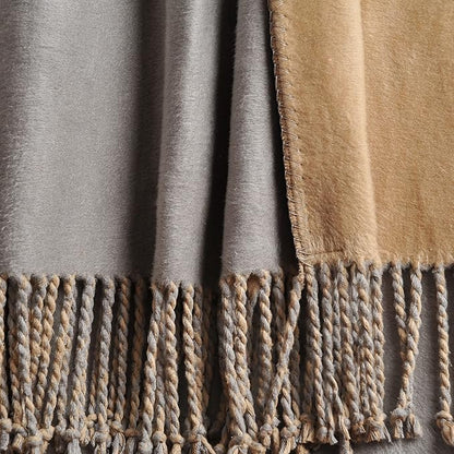 EP Mode Reversible Fringed Mulberry Silk Throw Blanket for Sofa (Light Grey/Beige)