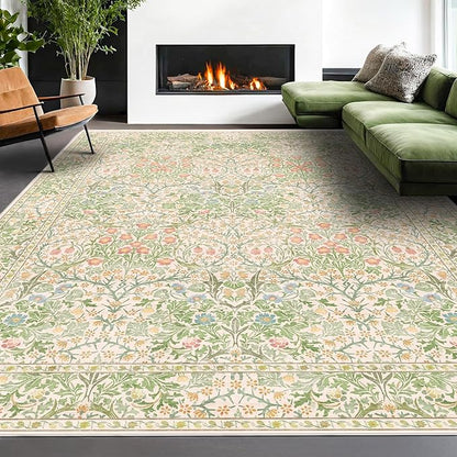 Washable Light Green Rug for Living Room - 9x12 Large Area Rug for Dining Room Under Table, Soft Low Pile Carpet for Bedroom - Vintage Floral, Non-Slip & Stain Resistance (9x12 Beige Green)