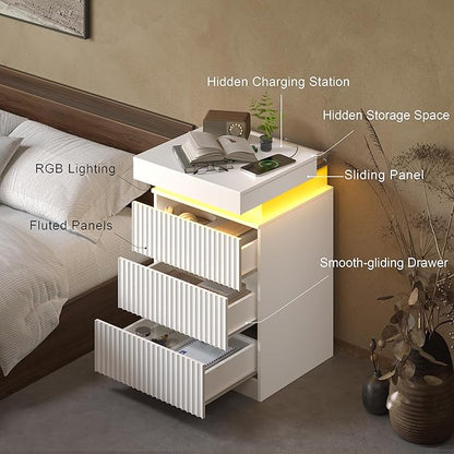 Nightstand Set of 2 for Bedroom, LED Nightstand with 3 Drawers and Charging Station, Mid Century Modern Fluted Nightstands, Bedside Tables & End Tables, White