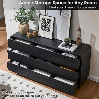 9 Dresser for Bedroom, 57" Wide Vertical Drawer Dresser with Large Storage, Wooden Drawer Closet for Bedroom, Living Room, Black