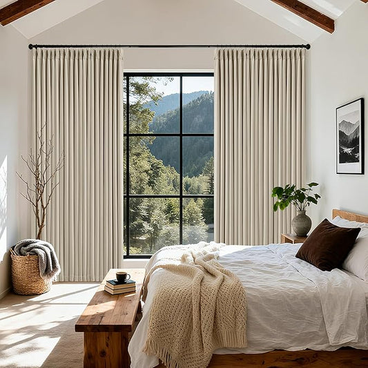 Extra Wide Oatmeal Beige Blackout Sliding Glass Door Curtains 108 Inches Long Memory Trained Pinch Pleated Linen Double Layer Black Out Heat Blocking Curtain 70 Inch Width 108 Inch Length 1 Panel