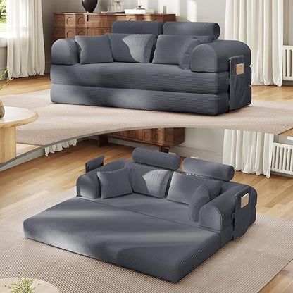 Upgrade High Backrest Design Sofa Bed with Fixed-Shape Frame & Removable Armrests and Backrest, Corduroy Fabric, Convertible Couch for Small Spaces - No Assembly Needed (High Backrest Dark Gray)