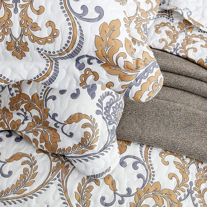 CHIXIN California King Bedspread - Oversized Luxury Collection - European Damask Paisley Pattern - Classic & Gorgeous Bedding Cover, Lightweight, Ultra Soft, 5 Piece, 100% Microfiber, White/Khaki/Grey