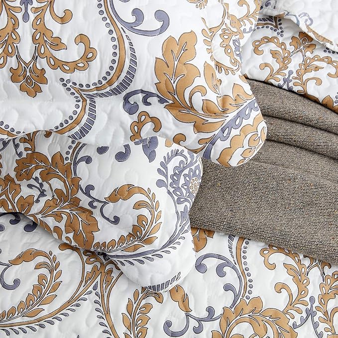 CHIXIN Oversized King Bedspread 128x120 Extra Wide - European Damask Paisley Pattern - Classic & Gorgeous Bedding Cover, Lightweight, Ultra Soft, 5 Piece, 100% Microfiber, White/Khaki/Grey