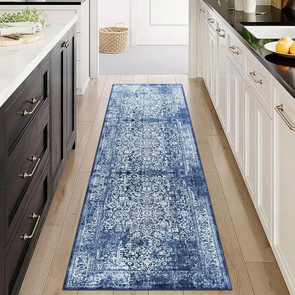 vivorug Runner Rug 2x10 Machine Washable Rug with Non-Slip Backing, Ideal for Kitchen Hallway Entryway Laundry Room - Vintage, Durable, Easy Clean, Low Pile Carpet Runner, Navy Blue