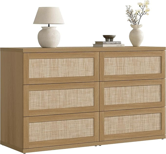 SICOTAS Dresser for Bedroom - 50" Wide 6 Drawer Dresser Rattan Dressers & Chests of Drawers Boho Drawers for Bedroom Bedside Table Clothes Large Closet Storage for Closet Hallway Entryway