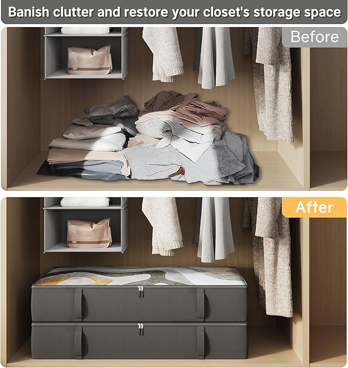 2-Pack Under Bed Storage, 6 Inches Tall Closet Organizers and Storage Bins with Sturdy Sidewalls/Bottom/4 Handles, Black