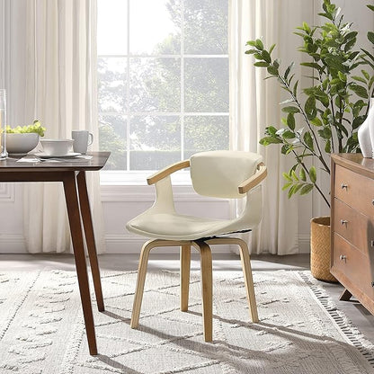 Art Leon Desk Chair No Wheels, Mid Century Modern Swivel Accent Chair, Faux Leather Home Office Desk Chair for Small Spaces Living Room Bedroom, Off White