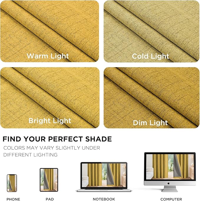 Joydeco Blackout Curtains for Bedroom - 96 Inch Long 100% Light Blocking 2 Panels Set Yellow Drapes, Thermal Insulated Room Darkening Curtains, Linen Textured for Living Room, Rod Pocket & Back Tabs