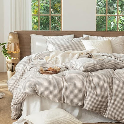 MooMee Gingham Duvet Cover Set 100% Washed Cotton Linen Like Textured Breathable Durable Soft Comfy Modern Checkered Design (Mini Gingham Tannish Linen Grey, King 104"x90")
