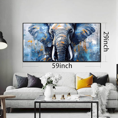Elephant Wall Art for Living Room, Animal Canvas Wall-Decor for Bedroom, Blue Picture Print, Large Size 59x29 Inches Framed