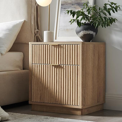 T4TREAM 23'' Fluted Nightstand Set of 2 with Charging Station, Large 2 Drawer Bedside Table, Modern End Table with Storage, Mid Century Night Stand for Bedroom Living Room, Curved Profile, Natural Oak