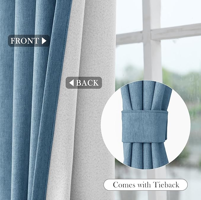 Macochico 100% Blackout Chenille Curtains for Living Room Classic Chenille Window Curtain Panels Thermal Drapes for Bedroom Hotel Grommet Curtains with Tieback Ashtray Blue 84" Wx96 L 1 Panel