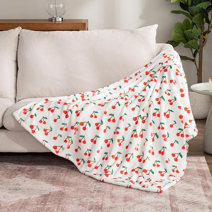 Berkshire Blanket-Classic Heavyweight Soft Printed VelvetLoft® Plush Throw Blanket, Cozy and Fuzzy, Cherries Toss White, 50in x 70in