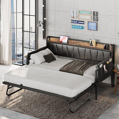 LIKIMIO Daybed with Trundle Bed, Twin Bed Frame with Storage Headboard and Charging Station, Sofa Day Bed with Strong Supports for Living Room, Bedroom, and Guest Room, Black