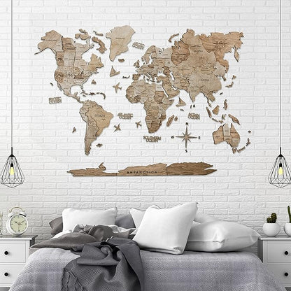 Handmade 3D Wood World Map Wall Art Large Wall Decor Track Your World Travels - Special for Home, Kitchen and Office (Large, Terra)