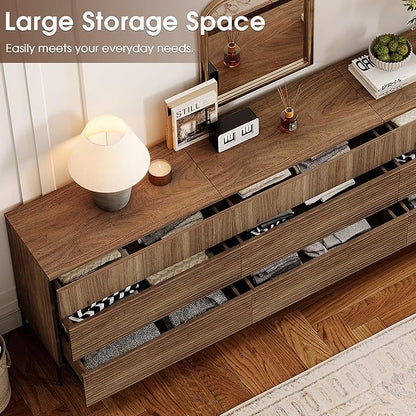 WAMPAT 63" W Fluted Dresser for Bedroom, 2 in 1 Modern 6 Drawer Dresser TV Stand with Hidden Handles, Wooden Chest of Drawers Closet Clothes Storage Organizer for Bedroom, Living Room, Light Walnut