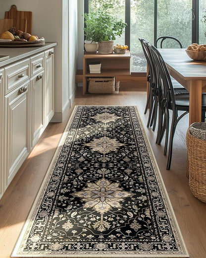 Area Rugs 2'x8' Washable Non-Slip, Floral Vintage Distress Print Pattern Medallion Carpet for Living Room Bedroom Dining Room, Black Brown Neutral Dark Tan