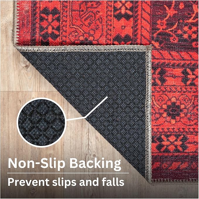 Bloom Rugs Washable Non-Slip 12 ft Runner - Red Traditional Bordered Runner for Entryway, Hallway, Bathroom, and Kitchen - Exact Size: 2.5' x 12'