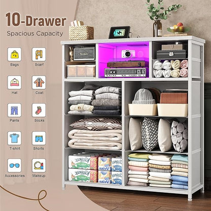 White Dresser for Bedroom with 10 Drawers Featuring LED Light and Power Outlet, Fabric Dressers & Chest of Drawers with Open Shelves for Hallway, Living Room, Steel Frame,Wood Top