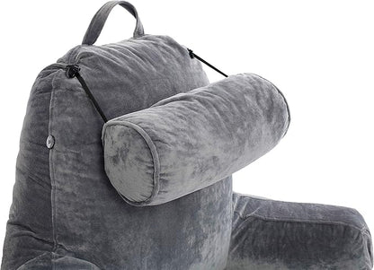 Husband Pillow Medium Dark Grey, Backrest for Kids, Teens, Petite Adults - Reading Pillows with Arms, Adjustable Loft, Plush Memory Foam, Bed Rest Chair Sitting Up, Detach Neck Roll, Removable Cover