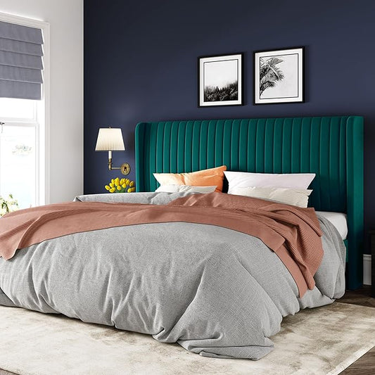 Allewie King Size Bed Frame/Velvet Upholstered Platform Bed/Vertical Channel Tufted Wingback Headboard/Strong Wooden Slats/No Box Spring Needed/Easy Assembly/Teal