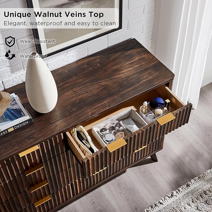 T4TREAM Fluted 8 Drawers Dresser, 54" Wide Modern Chest of Drawers, Curved Profile Design, Dresser TV Stand, Wood Drawer Organizer for Bedroom, Living Room, Hallway, Dark Walnut
