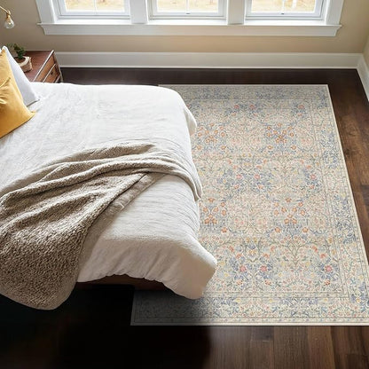Boho Beige Blue Living Room Rug 6x8 - Vintage Retro Floral Paste Neutral, Washable Low Pile Non-Slip Large Area Rugs for Dining Under Table, Bedroom