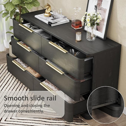 6 Drawer Dresser for Bedroom, 54" Wide Modern Chest of Drawers with Metal Handle, Curved Profile Design, Wooden Black Dresser Closet Clothes Storage TV Stand for Living Room, Hallway