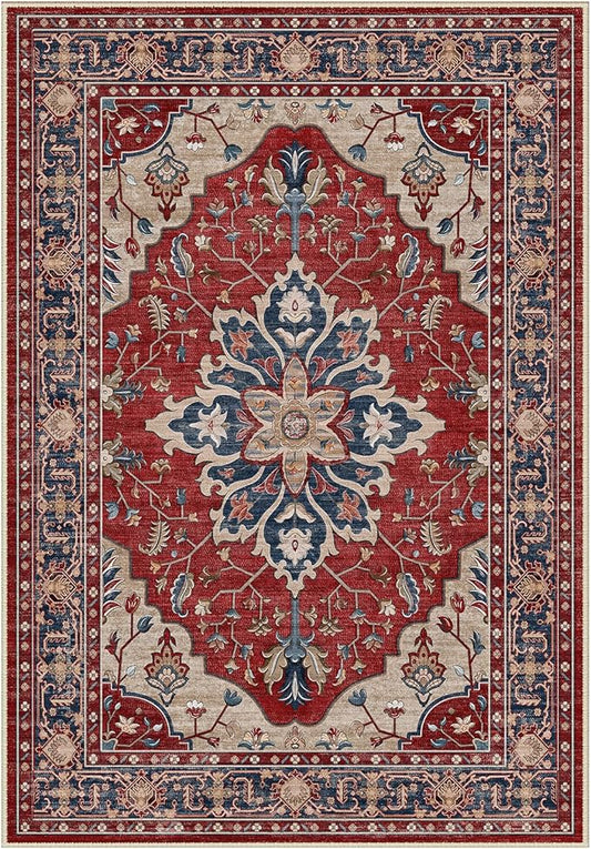 Area Rugs Round 8ft Washable Non-Slip, Floral Vintage Distress Print Pattern Medallion Carpet for Living Room Bedroom Dining Room, Red Blue