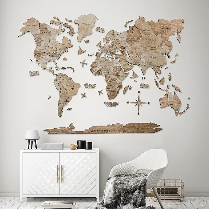 Handmade 3D Wood World Map Wall Art Large Wall Decor Track Your World Travels - Special for Home, Kitchen and Office (X-Large, Terra)