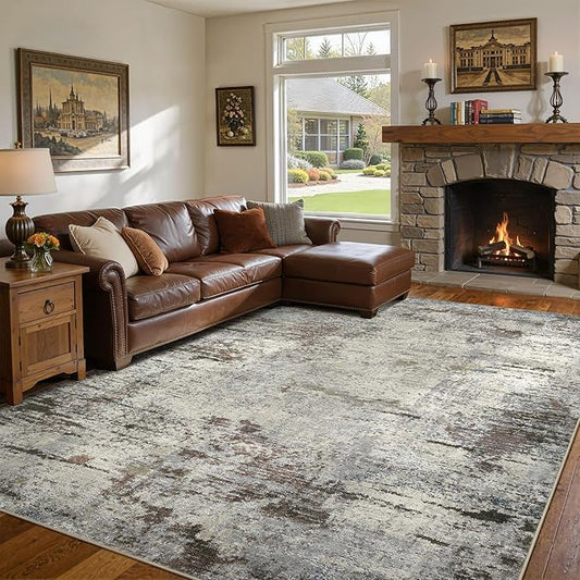 Area Rug Living Room Rugs - 8x10 Washable Large Soft Indoor Neutral Modern Abstract Low Pile Rug Carpet for Bedroom Dining Room Farmhouse Home Office - Brown Rust