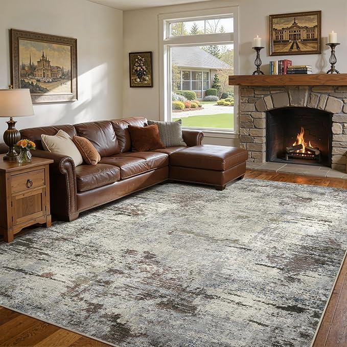 Area Rug Living Room Rugs - 10x14 Washable Large Soft Indoor Neutral Modern Abstract Low Pile Rug Carpet for Bedroom Dining Room Farmhouse Home Office - Brown Rust