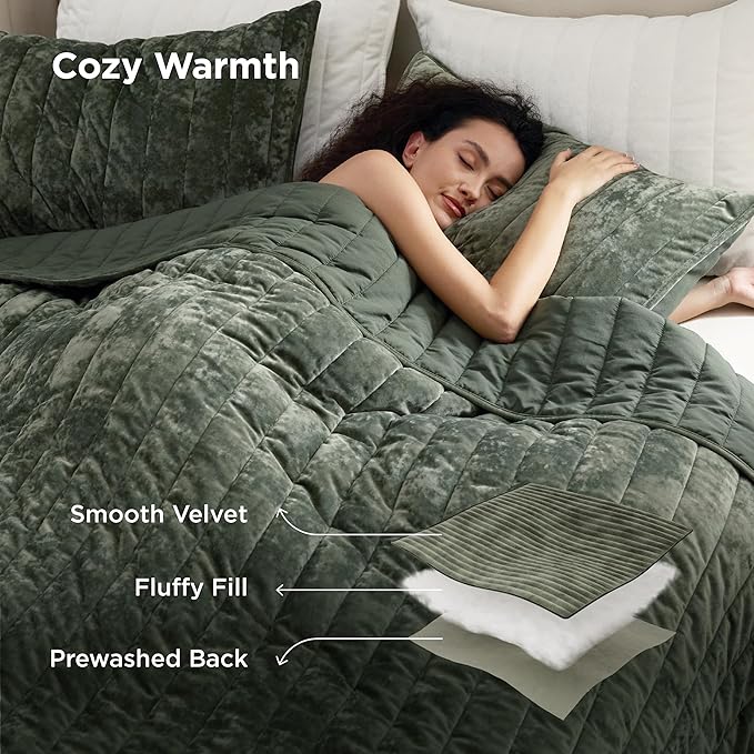 Bedsure Velvet Quilt King Size - 108"x96" Oversized King Size Comforter Set, Luxury Velvet Comforter Bedspread Coverlet, Ultra-Soft Winter Bedding Set with 2 Pillow Shams, Olive Green