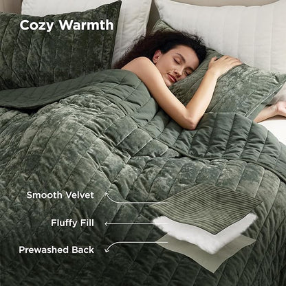 Bedsure Velvet Quilt Queen Size Set - Lightweight Velvet Comforter Queen, Luxury Bedspread Coverlet, Ultra-Soft Winter Bedding Set with 2 Pillow Shams, 90"x96", Olive Green
