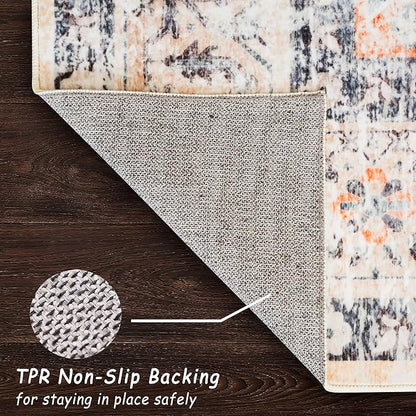 6x9 Area Rug, Ultra-Soft Washable Rug for Living Room, Dinner Room, Bedroom, Non-Slip Vintage Floral Rug, Indoor Carpet Large Area Rug, Orange