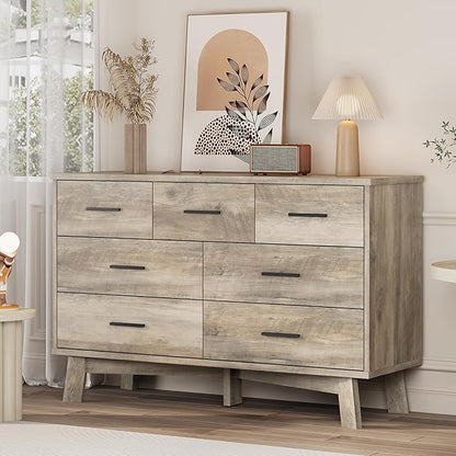 Dresser for Bedroom with 7 Drawer, Wood Modern Chest of Drawers with X-Shaped Sturdy Base, Wide Double Dresser Closet Clothes Storage Organizer, Wooden TV Stand for Living Room, Hallway, Grey