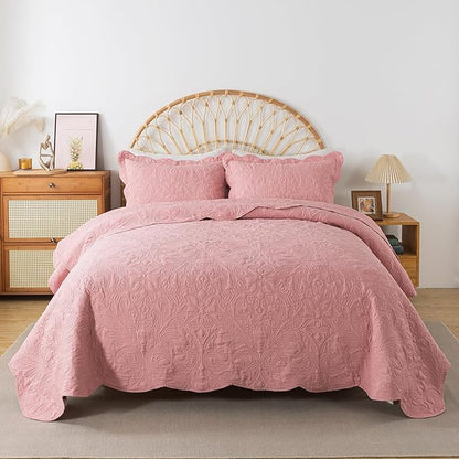 HoneiLife Quilt Sets King Size - 3 Pieces Microfiber Quilt Set Lightweight Bedspreads Reversible Coverlets Rustic Bed Cover King Quilt Bedding Set All Season Quilts-Pink