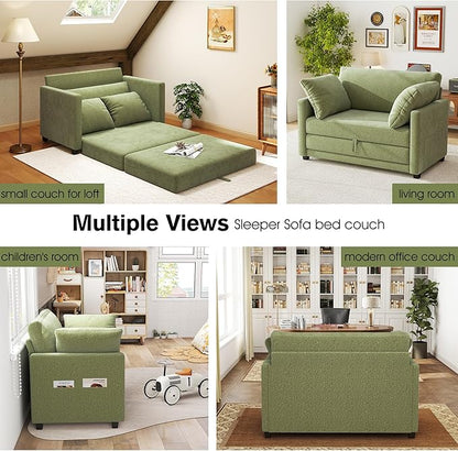 51" Loveseat Sleeper Sofa Bed, Chenille Convertible Floor Sofa Bed for Small Spaces, Folding Couch Bed with Deep Seat, 2 Pillows & Solid Frame, Pull Out Floor Couch for Living Room, Green