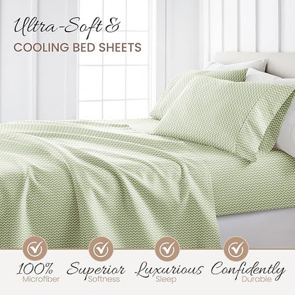 Linen Market 4 Piece King Sheet Set - Breathable, Double-Brushed Patterned Cooling Sheets – Oeko-TEX Certified Ultra Soft & Wrinkle-Free 16" Deep-Pocket King Sheets - Easy Care Puffed Chevron Sage