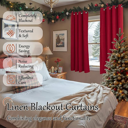 Linen Blackout Curtains for Christmas 72 Inch Long, 100% Black Out Red Thermal Curtains for Bedroom Winter Decor, Thick Heavy Insulated Window Drapery for Nursery, Each 52x72 Inch 2 Panels