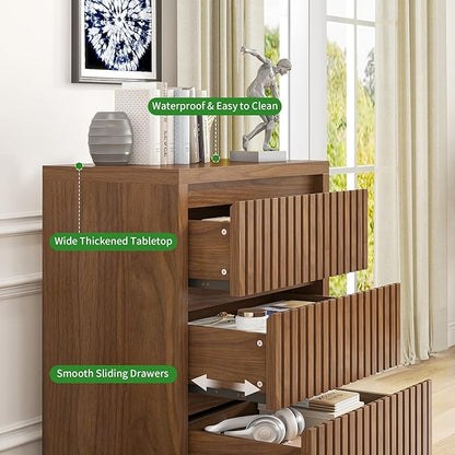 Fluted 3 Drawer Dresser, Mid Century Small Dresser for Bedroom, Wood Chest of Drawers, Modern Closet Clothes Organizer, Walnut Wooden Storage for Living Room, Brown