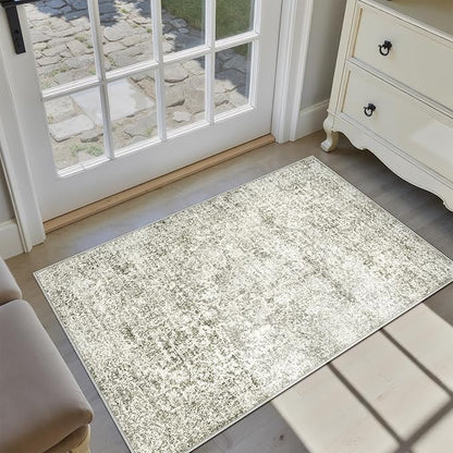 2x3 Entryway Area Rug Vintage Neutral Washable Small Carpet Indoor Non Slip Taupe Kitchen Entrance Mat Low Pile Retro Accent Distressed Throw Rug for Bathroom Bedroom Dining Living Room