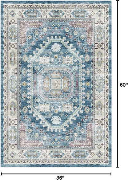 vivorug 3x5 Rug, Small Area Rug for Living Room, Bedroom, Kitchen, Machine Washable Non-Slip Throw Rug, Vintage Distressed Medallion Carpet for Entryway Nursery Dinner Room - Durable (Blue)